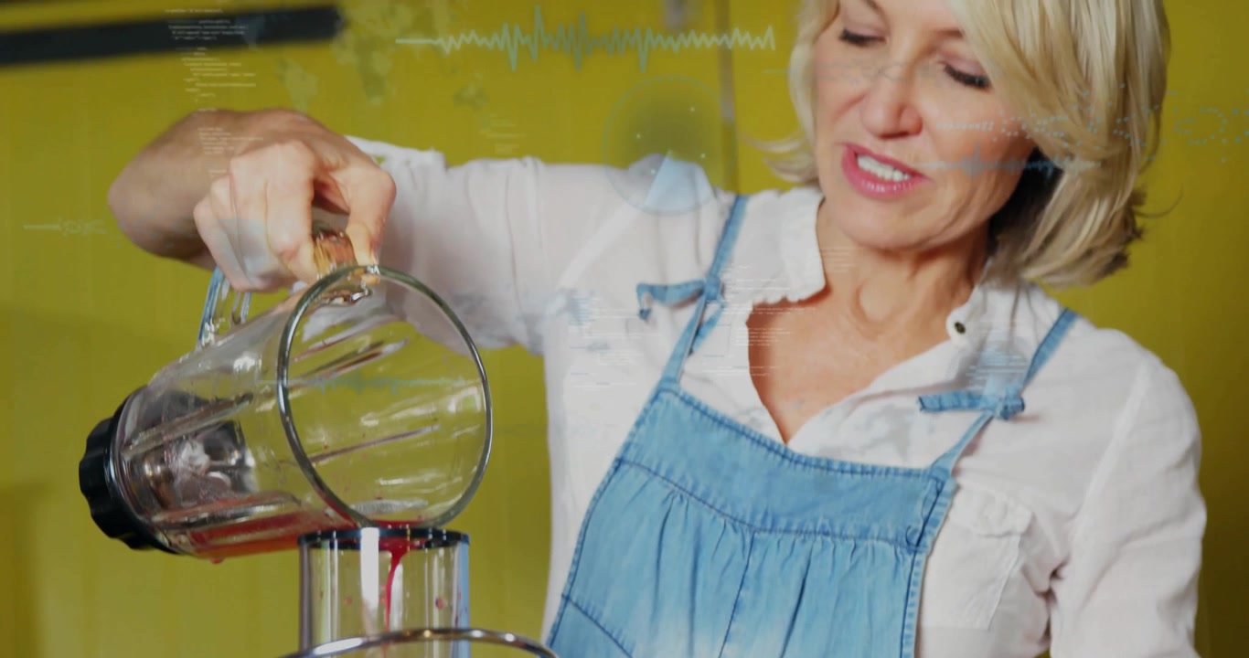 woman pouring smoothie mix into blender base in kitchen health demo, showing waveform overlays
