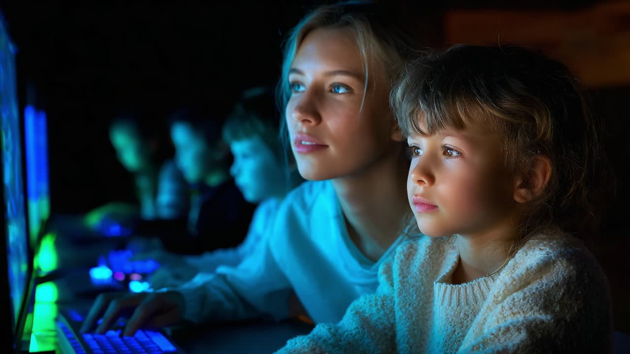 Children Using Computers in a Dark Room at Night