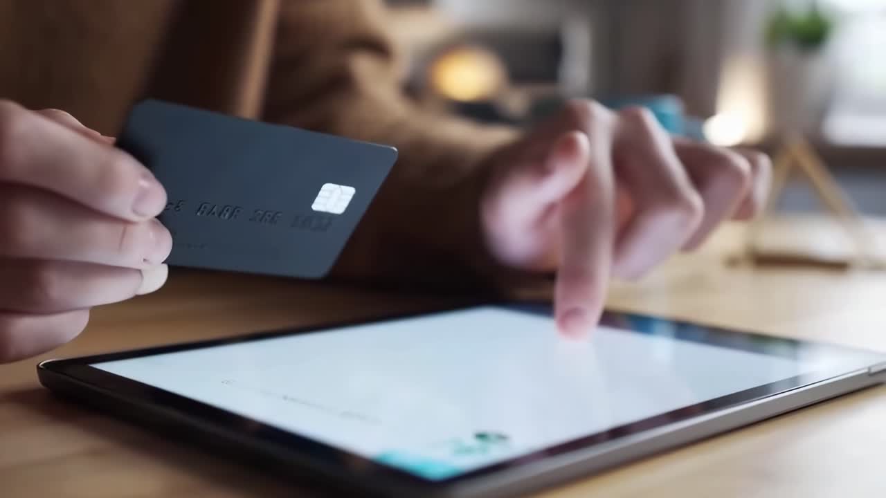 Close-up video of hands using a tablet and credit card, showcasing online shopping