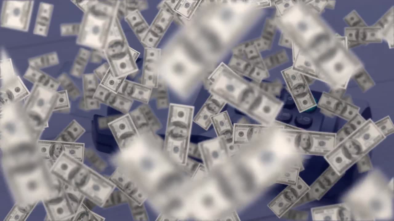 animación de dólares flotando sobre el terminal de pago