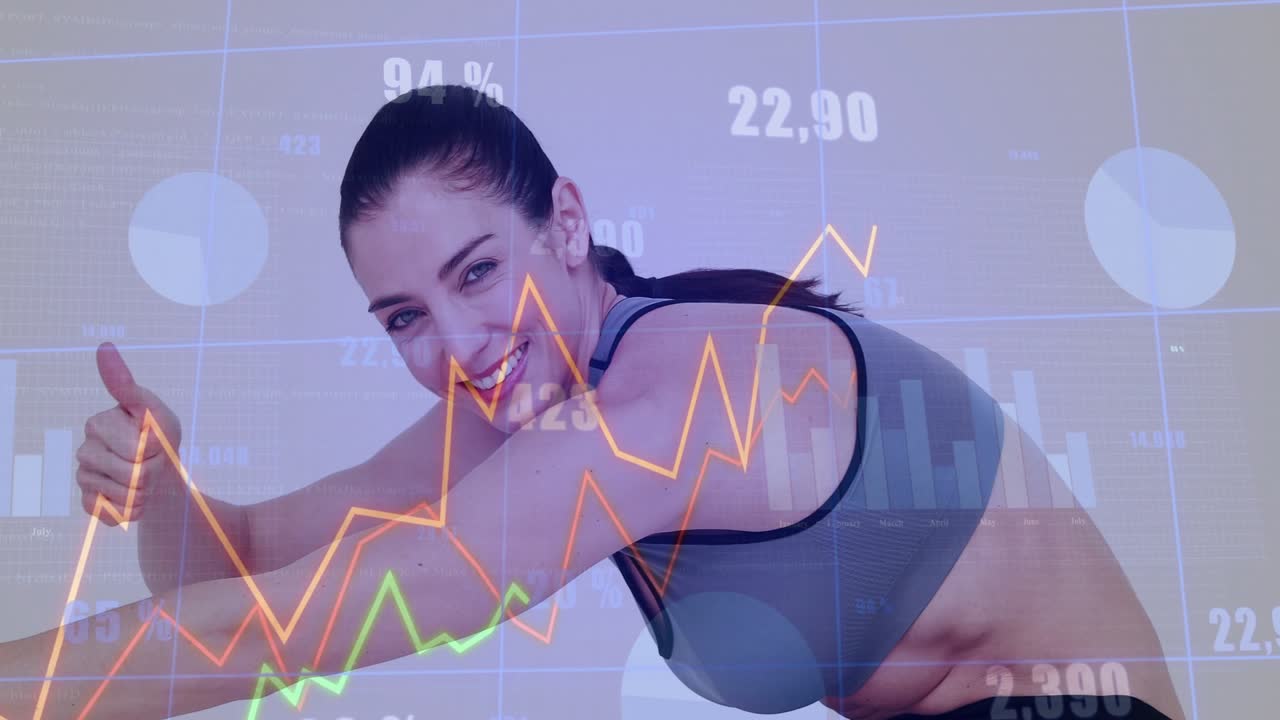 Woman starting seated stretch, reaching foot, smiling thumbs-up as fitness charts updating percent