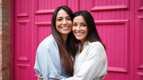 two happy women smiling against a bright pink background