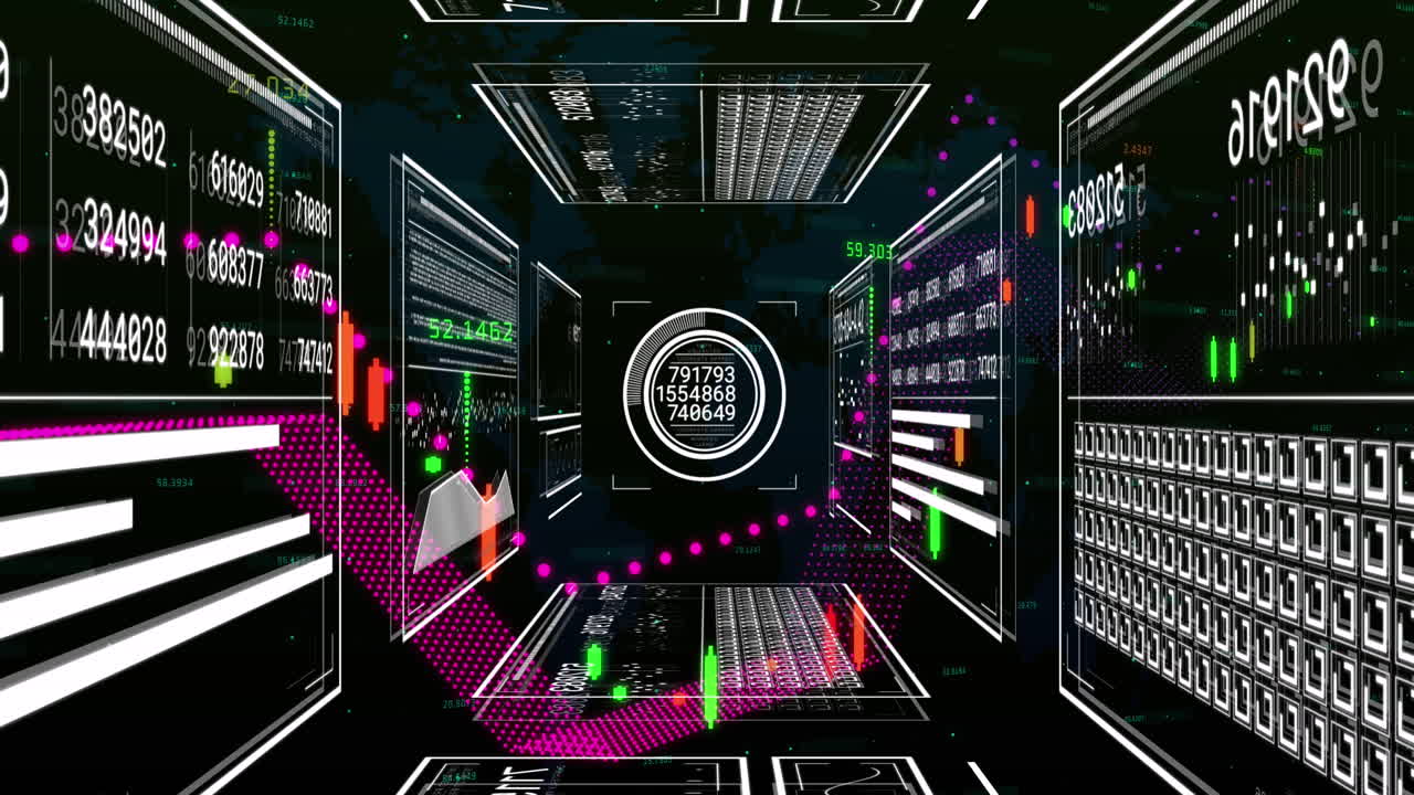 Animation of interface with financial data processing over world map against black background
