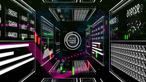 animación de la interfaz con el procesamiento de datos financieros sobre el mapa del mundo contra un fondo negro.