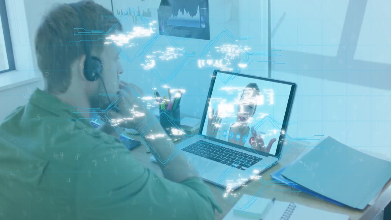 Animation of icons with glitch over caucasian man using phone headset and laptop