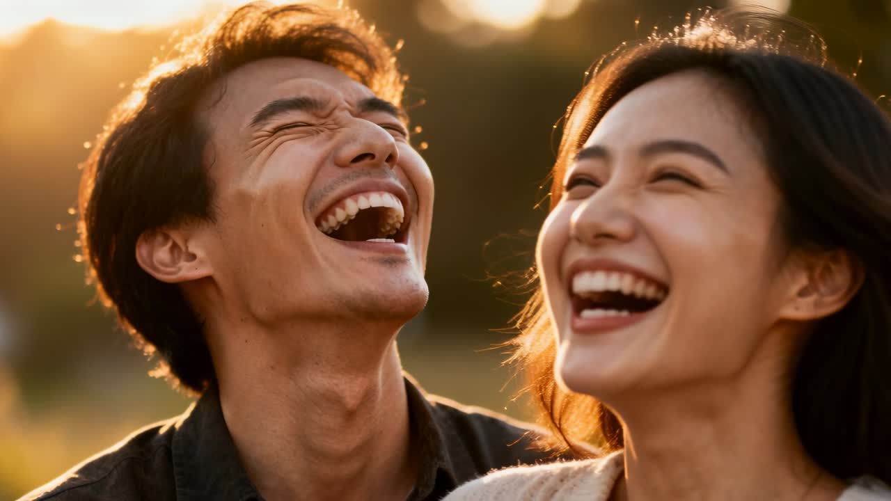 Vertical video: Hearing shared joke, man and woman laughing, heads tilting back, showing joy