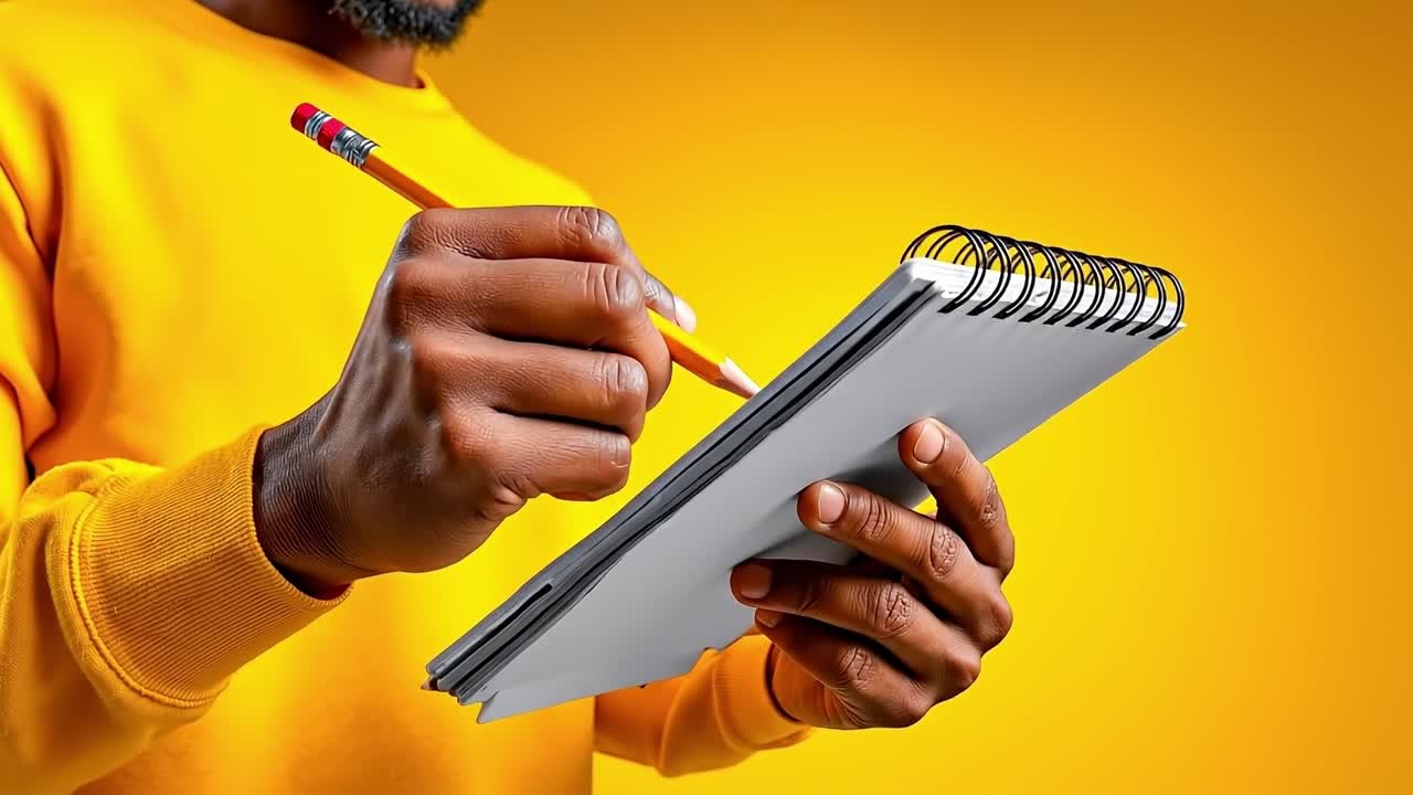 A man in a yellow sweatshirt holding a notebook and a pencil