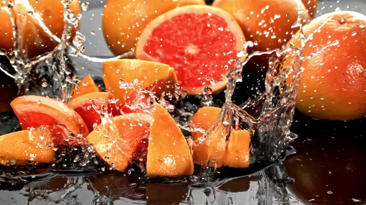Fette di pompelmo che cadono e schizzano nell'acqua al rallentatore.