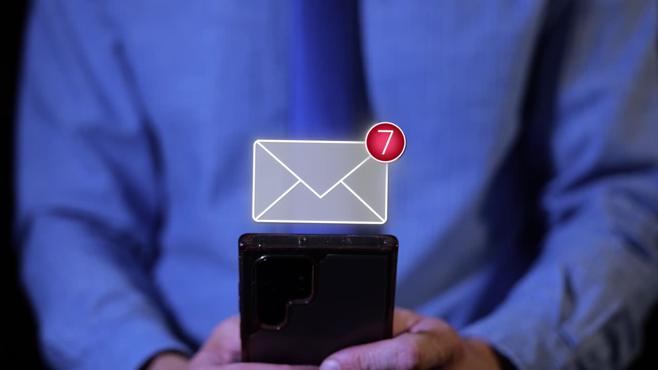 Animation of business man checking email on smartphone and receiving series of new messages notifications in his inbox at work