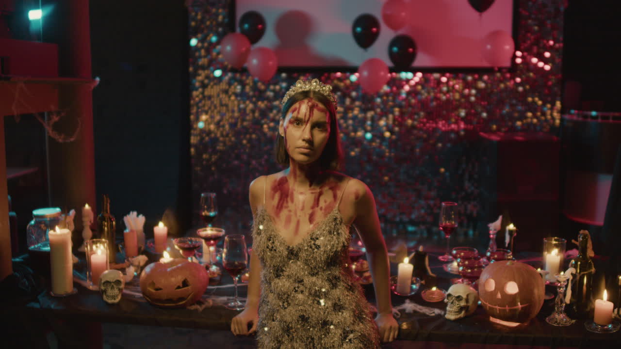 젊은 여성이 카메라를 쳐다보고 있습니다.