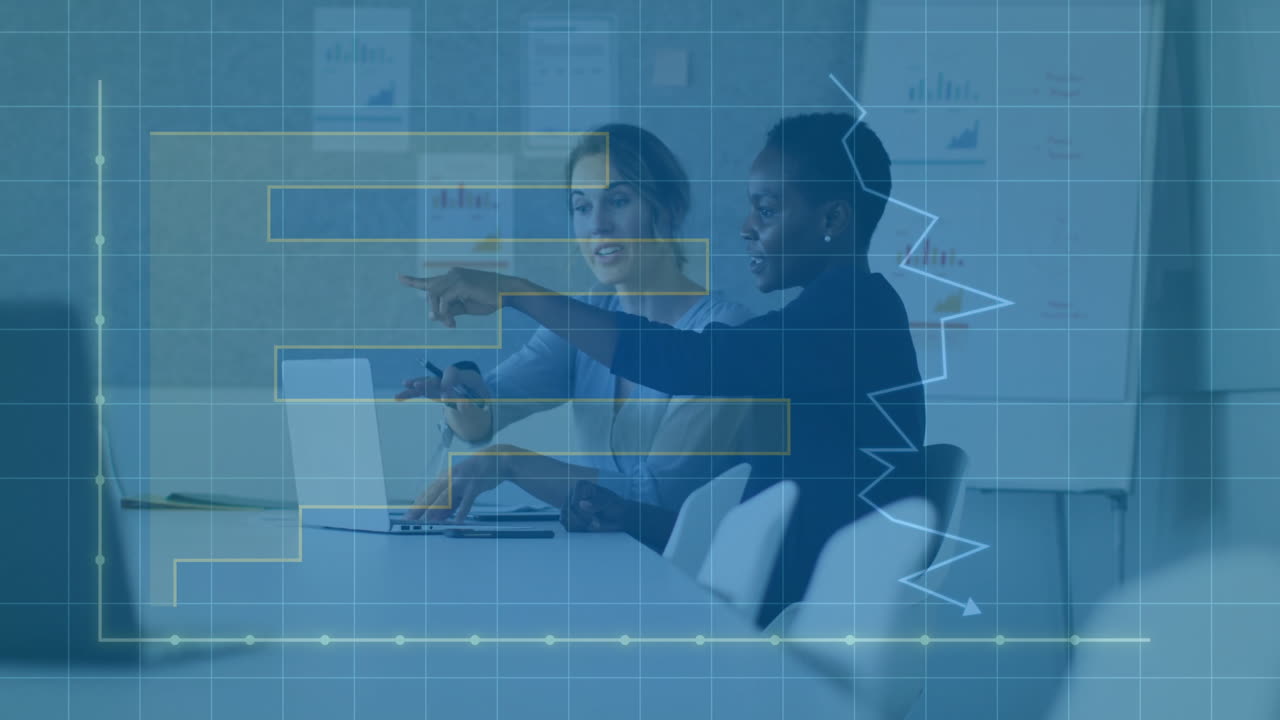 Businesswomen discussing data with graph animation overlay in modern office