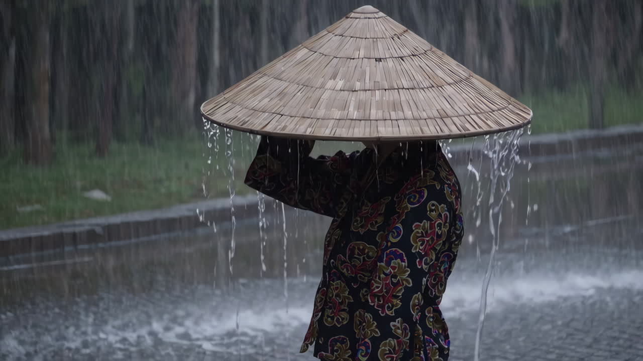 Person in traditional Asian clothing during a heavy rain