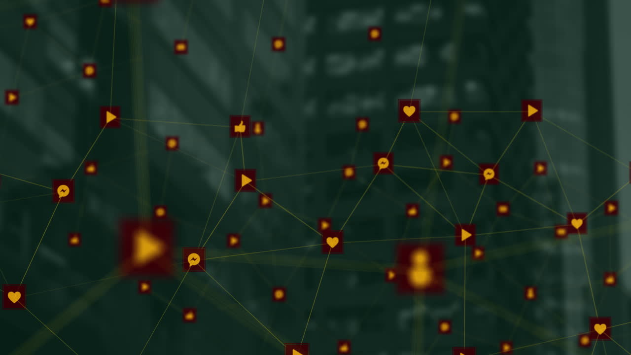 animación de una red de iconos digitales flotando contra una vista aérea de edificios altos