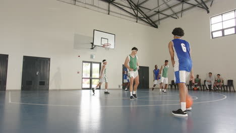 basketball players practicing on indoor court, focusing on teamwork and strategy