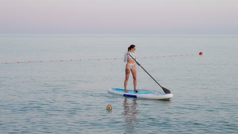 woman paddleboarding in the ocean at sunset