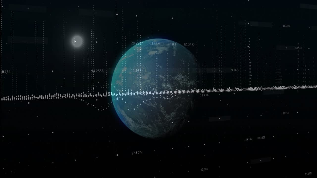 Planet view starting waveform scrolling over it, streams rising and star flickering displaying data