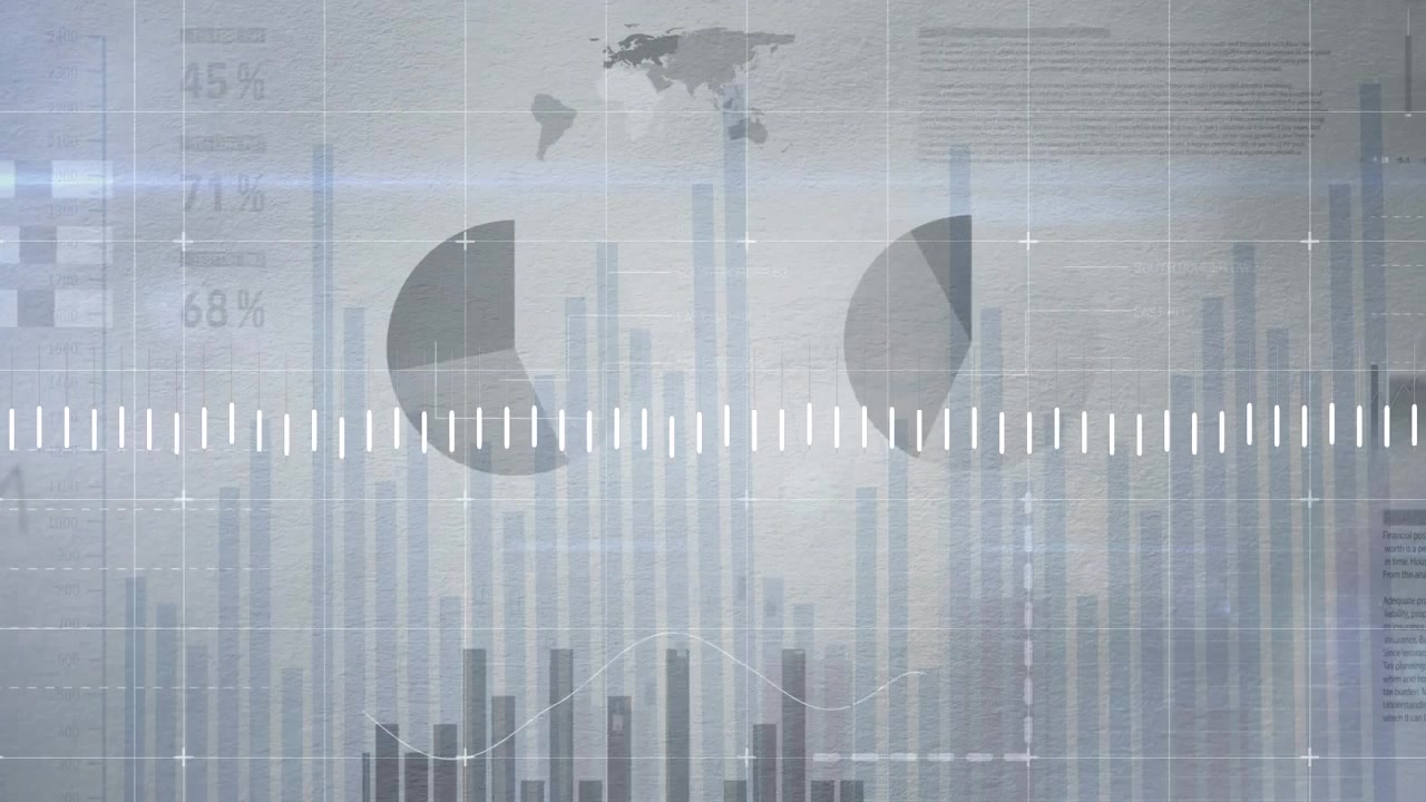 Animation of moving lines, report, bar graph and circles over abstract background