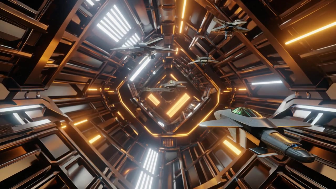 Futuristic Spaceships Flying Through a Glowing Metallic Tunnel