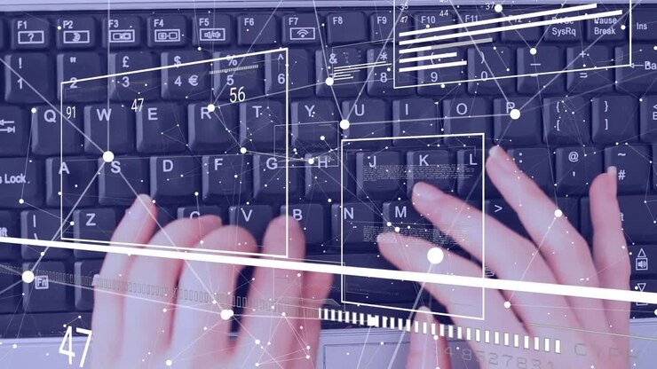 Animazione dell'elaborazione dei dati su mani che usano un computer.