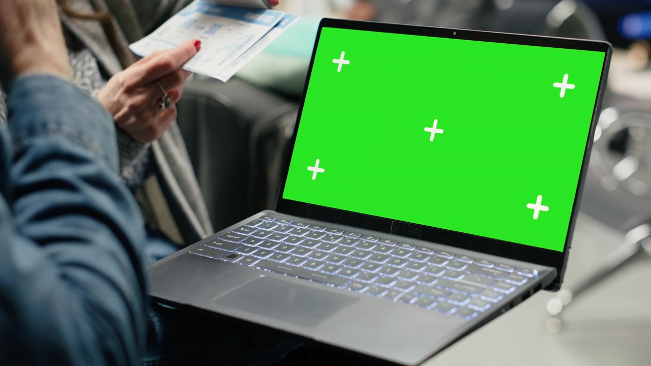 Green screen laptop held by senior couple in airport terminal lounge