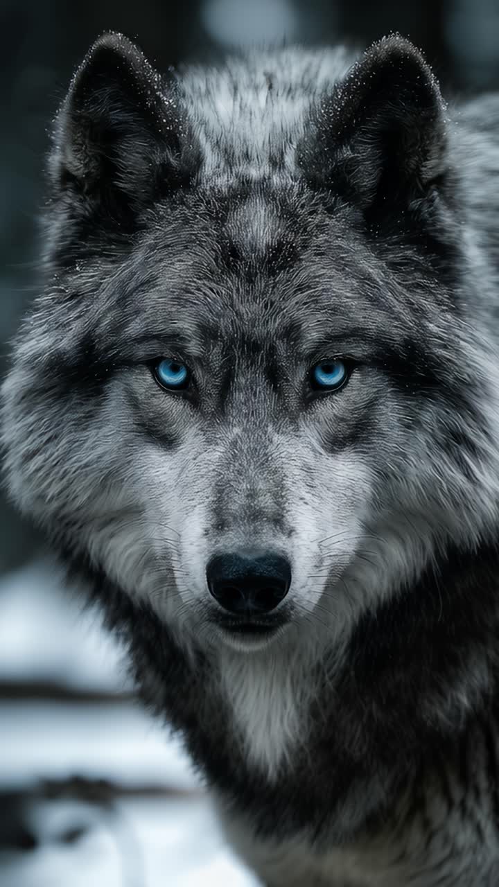 Majestic wolf showing teeth and growling in winter landscape