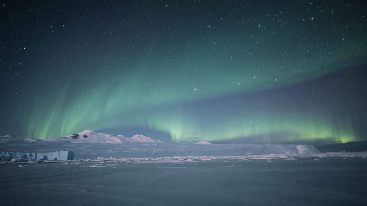 Starting green arc, auroral band shifting over polar coast, brightening mountains and ice floes