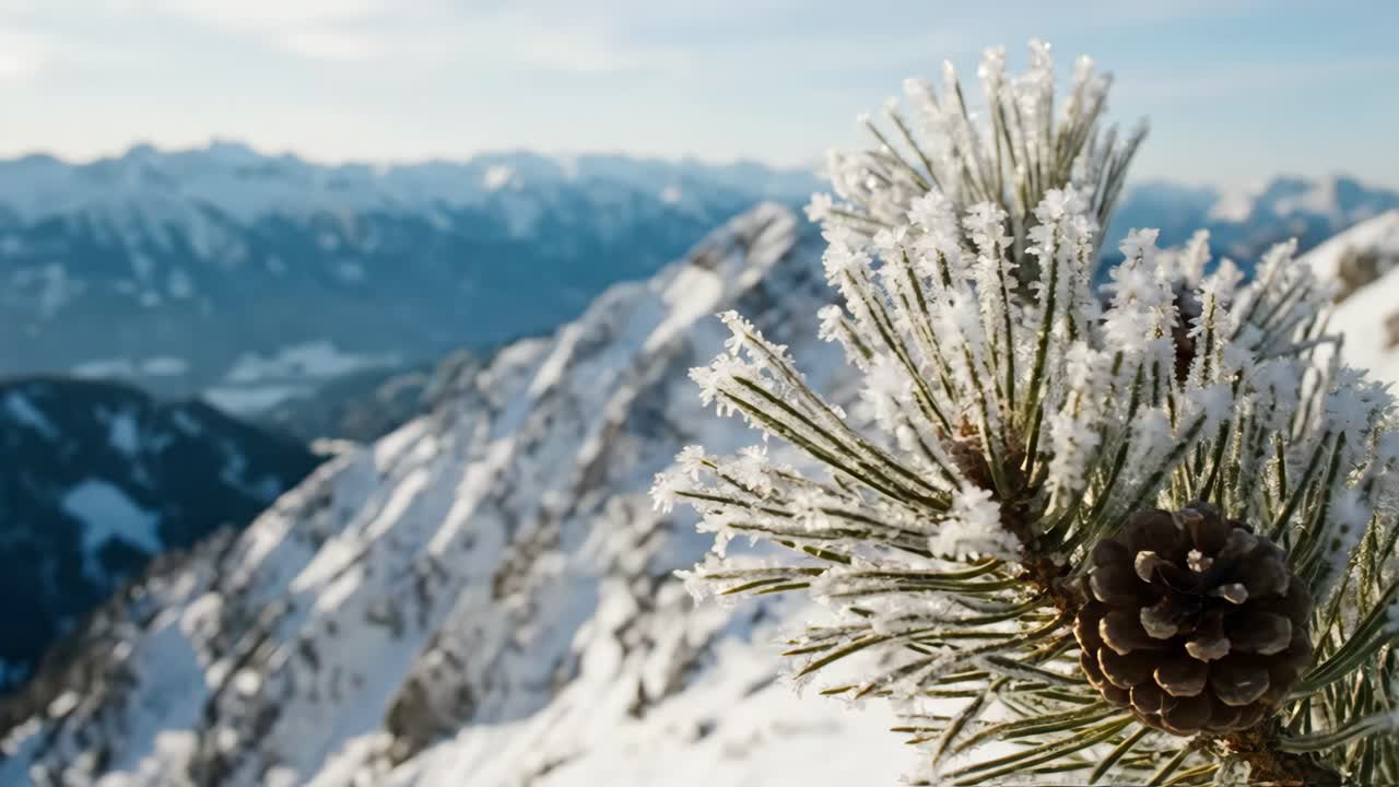 Primo piano di un ramo di pino coperto di brina con pigne in montagne innevate