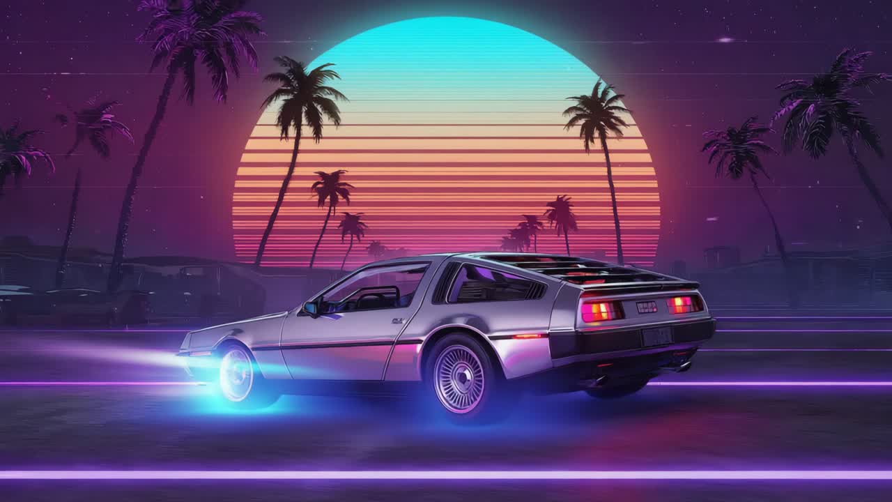 Retro futuristic DeLorean sunset