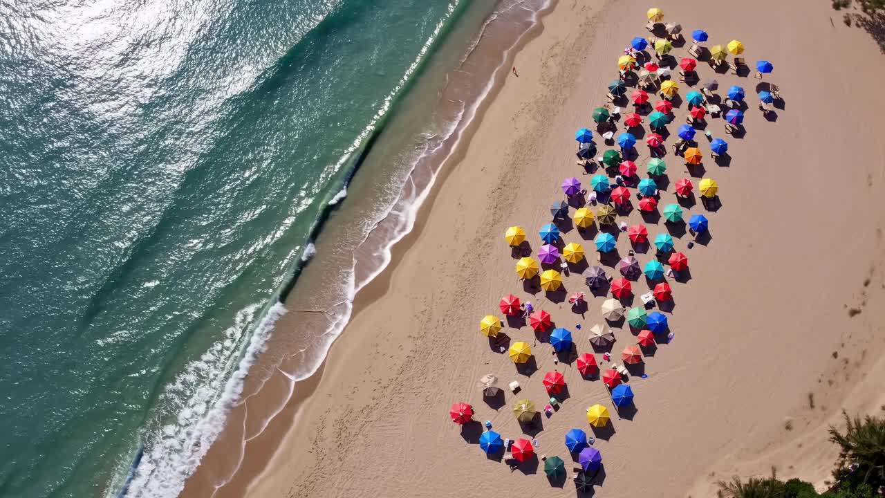 Aerial view of a sandy beach with a mosaic of colorful beach umbrellas next to the ocean waves creating a vibrant and cheerful summer scene