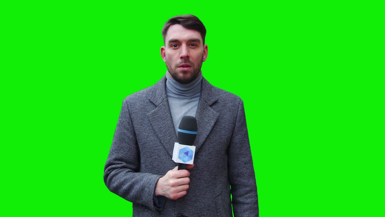 TV Live News Programme: Caucasian Male Presenter Reporting Green Screen Chroma Key Screen Picture. Television Cable Channel Anchor Talks. Network Broadcast Mock-up Playback