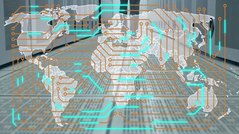 Animation-of-computer-circuit-board-and-world-map-over-businessman-in-server-room