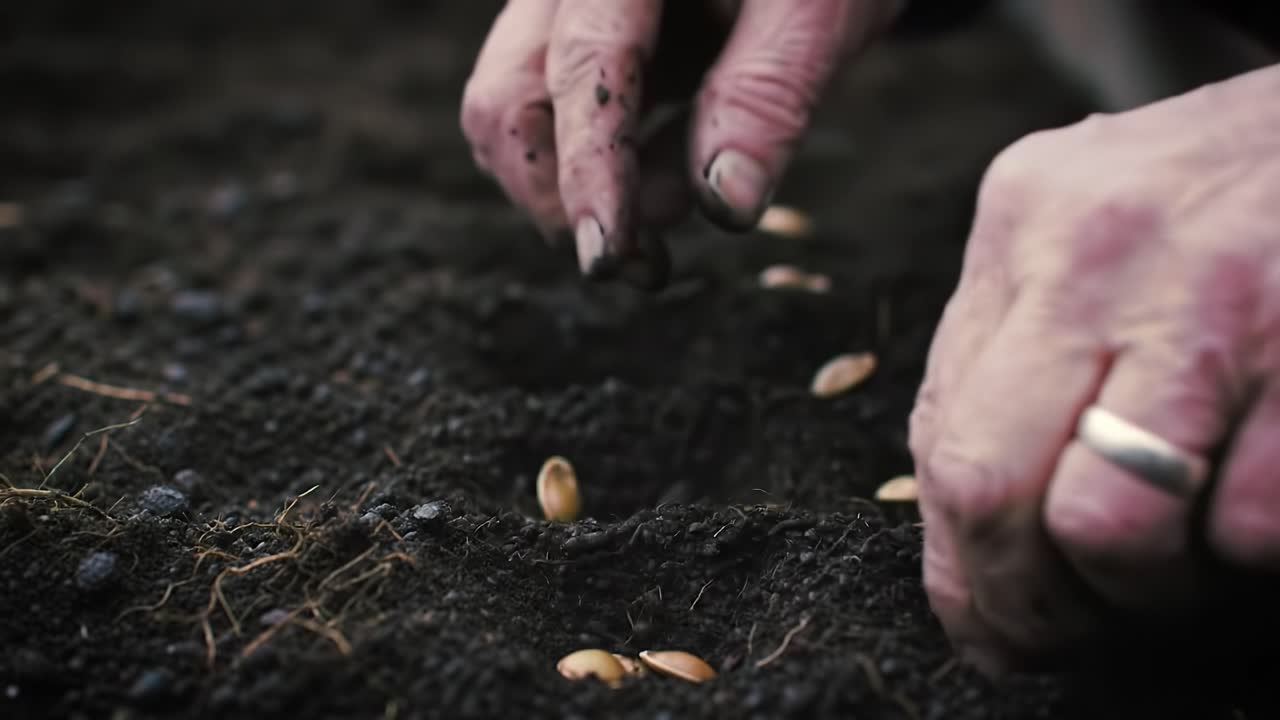 Planting Seeds: A Close-Up Sequence of Hand Sowing Seeds in Rich, Dark Soil Showing the Care and Techniques Used in Agriculture and Gardening Practices
