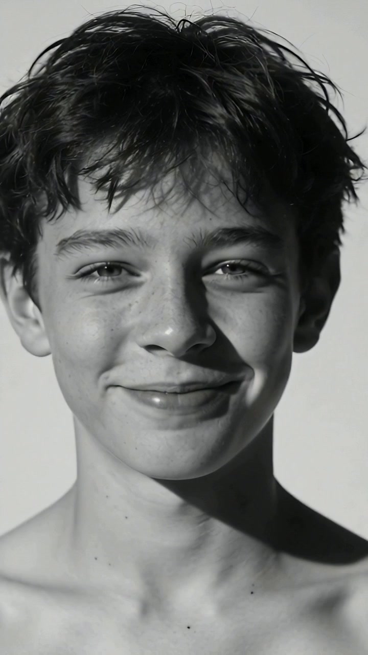 Video verticale: adolescente sorridente a torso nudo che sfoggia un ampio sorriso in studio, reagendo alla telecamera, con sfondo.