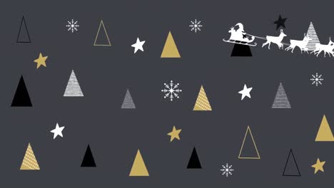 santa claus en trineo siendo tirado por renos contra los iconos del árbol de navidad en fondo gris