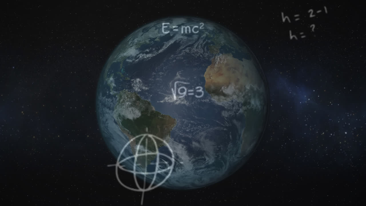 회전하는 지구 위에 떠다니는 수학적 방정식과 기호의 애니메이션