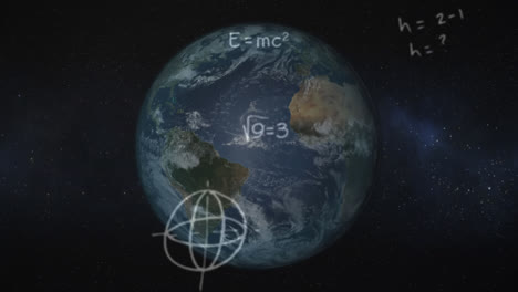 Animation-of-mathematical-equations-and-symbols-floating-over-a-globe-spinning