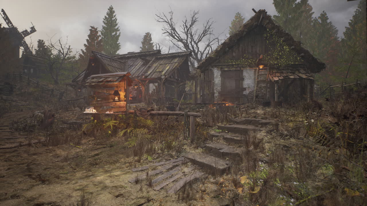 나무로 된 폐허가 된 집 들 이 있는 옛 마을