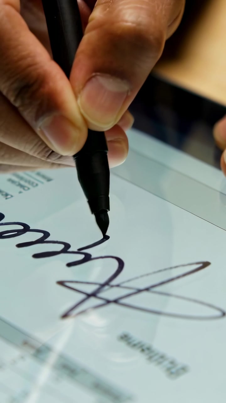 Video vertical: Viendo una firma, manos desnudas de adulto guiando un lápiz óptico en una tableta de escritorio, terminando la escritura cursiva.