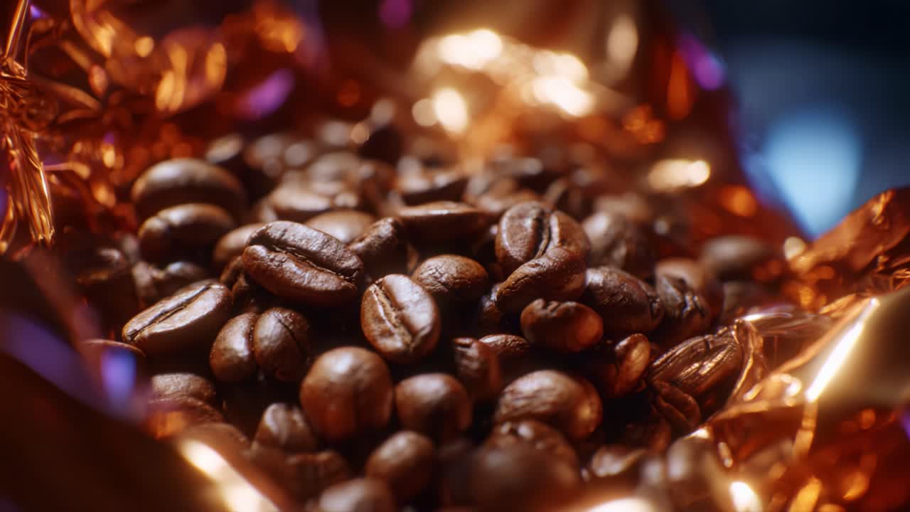 Close-up of Glossy, Dark Coffee Beans Surrounded by Crinkled Gold Foil, Capturing the Silky Texture and Rich Color of Freshly Roasted Beans