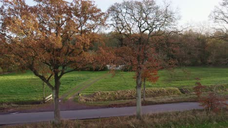 Low-flying-at-white-house-in-middle-of-forrest-with-autumn-colors,-aerial