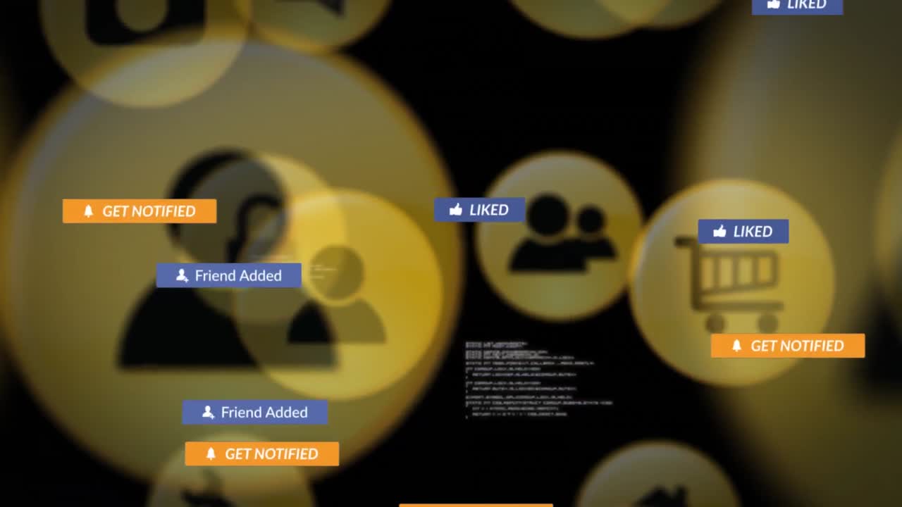 animación del texto de las redes sociales en banners con iconos digitales sobre fondo negro