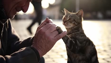a heartwarming interaction between a man and his beloved cat as they share a tender moment of connection and affection in a sunlit outdoor setting