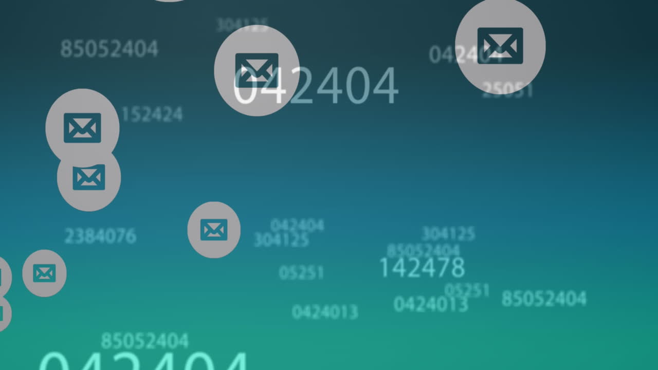 Animation of message icons and changing numbers moving on blue background