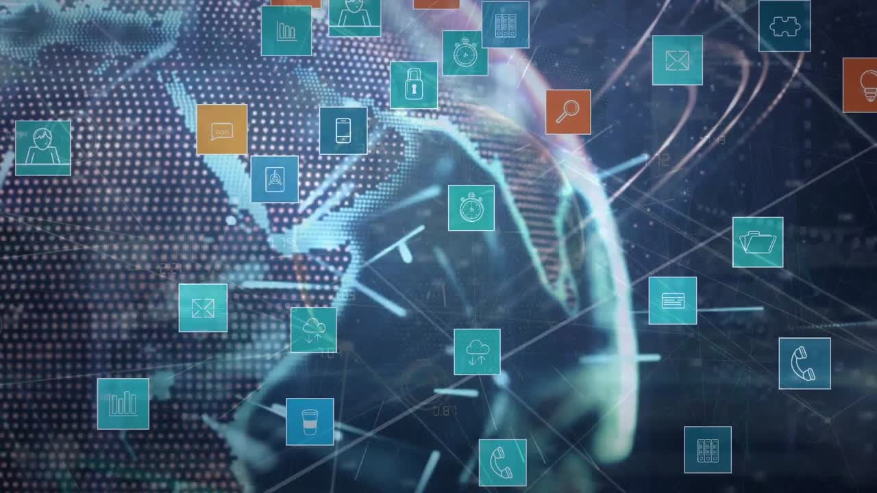 animación de la red de conexiones con iconos y procesamiento de datos en todo el mundo.