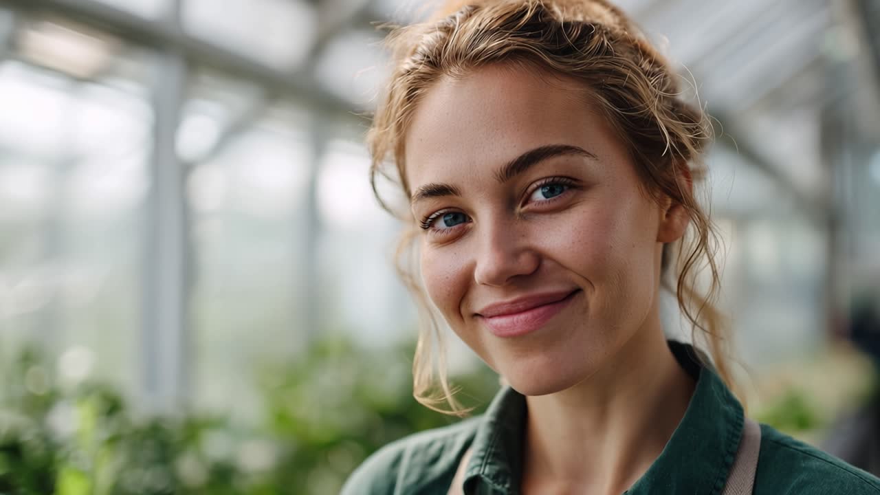 Smiling Young Woman Posing in a Greenhouse