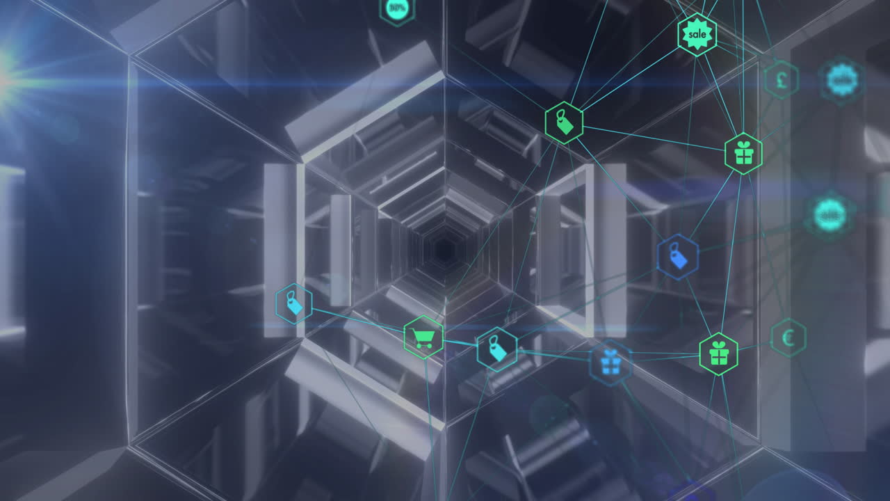 빛나는 터널을 배경으로 디지털 아이콘의 세계