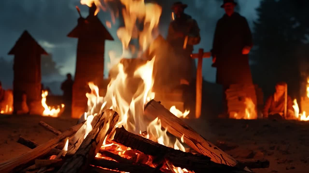 los actores realizan una ceremonia ritual por la noche, rodeados de una fogata vibrante. las llamas brillantes iluminan la escena, creando una atmósfera mística llena de calor y energía.