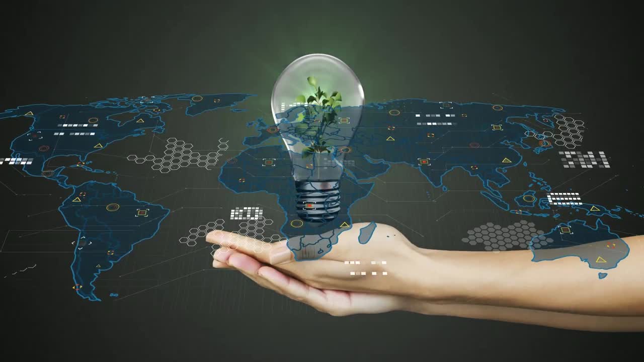 animación de la mano con bombilla y mapa del mundo sobre fondo oscuro
