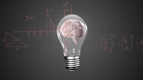 animación del cerebro humano en un bulbo sobre ecuaciones matemáticas y diagramas en un fondo abstracto