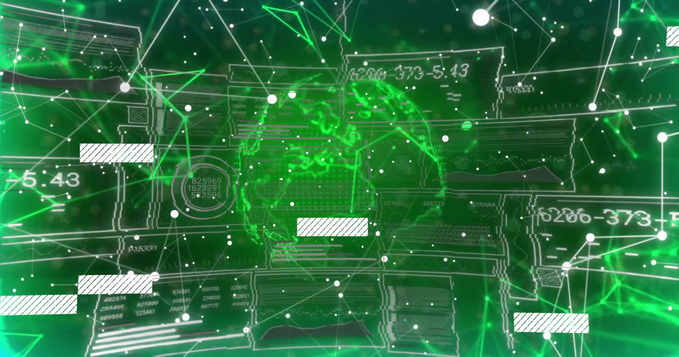 Initiating globe, Earth rotating while panels sliding flashing showing data flow in 3D interface